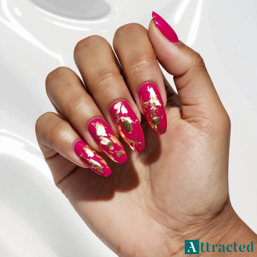 Paznokcie fuksja ze złotym akcentem