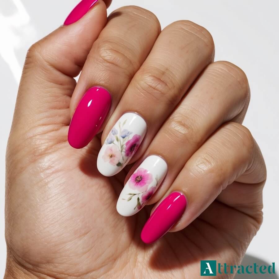 Paznokcie fuksja z kwiatowym motywem