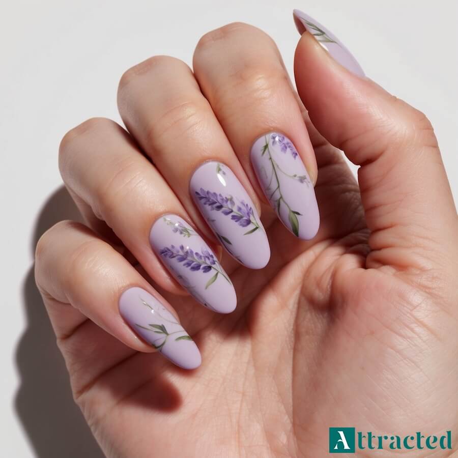 Lawendowe paznokcie z motywem lilii