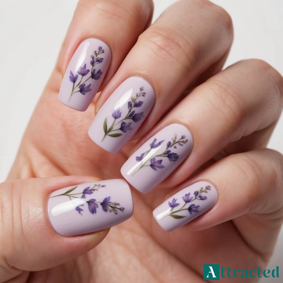 Paznokcie w stylu kwiatowym w liliowym tonie