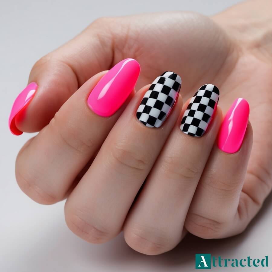 Paznokcie neonowe szachownica