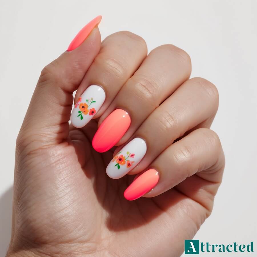 Paznokcie neonowe z kwiatowym akcentem