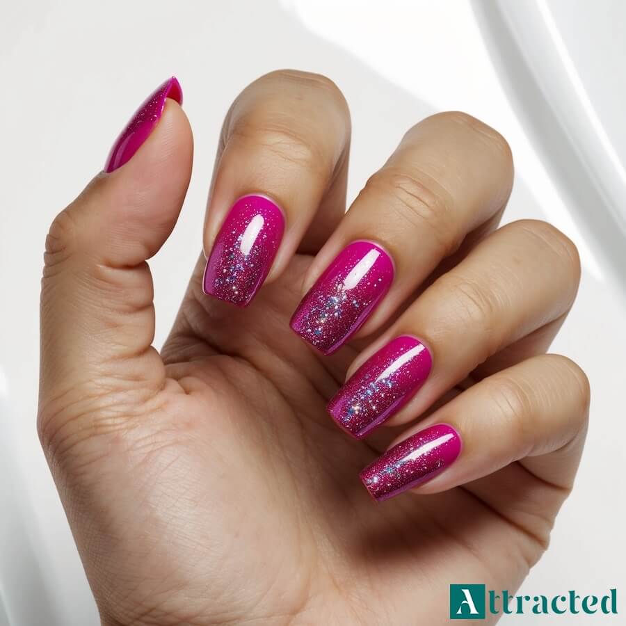Paznokcie fuksja z kolorowym brokatem