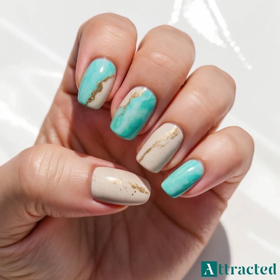 Marmurowe wiry w kolorach morza i piasku na paznokciach