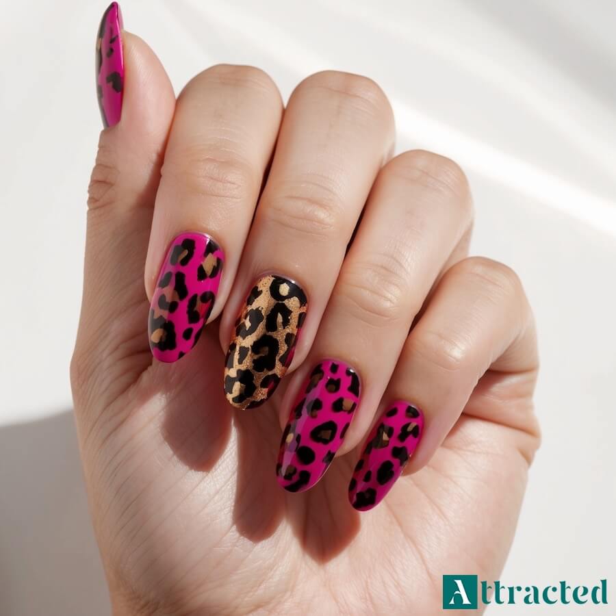 Paznokcie fuksja z motywem panterki