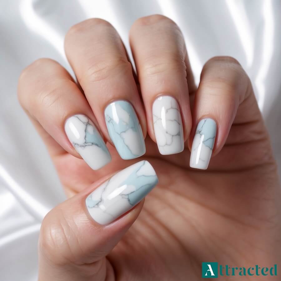 Marmurkowe paznokcie w kolorach pastelowych błękitne