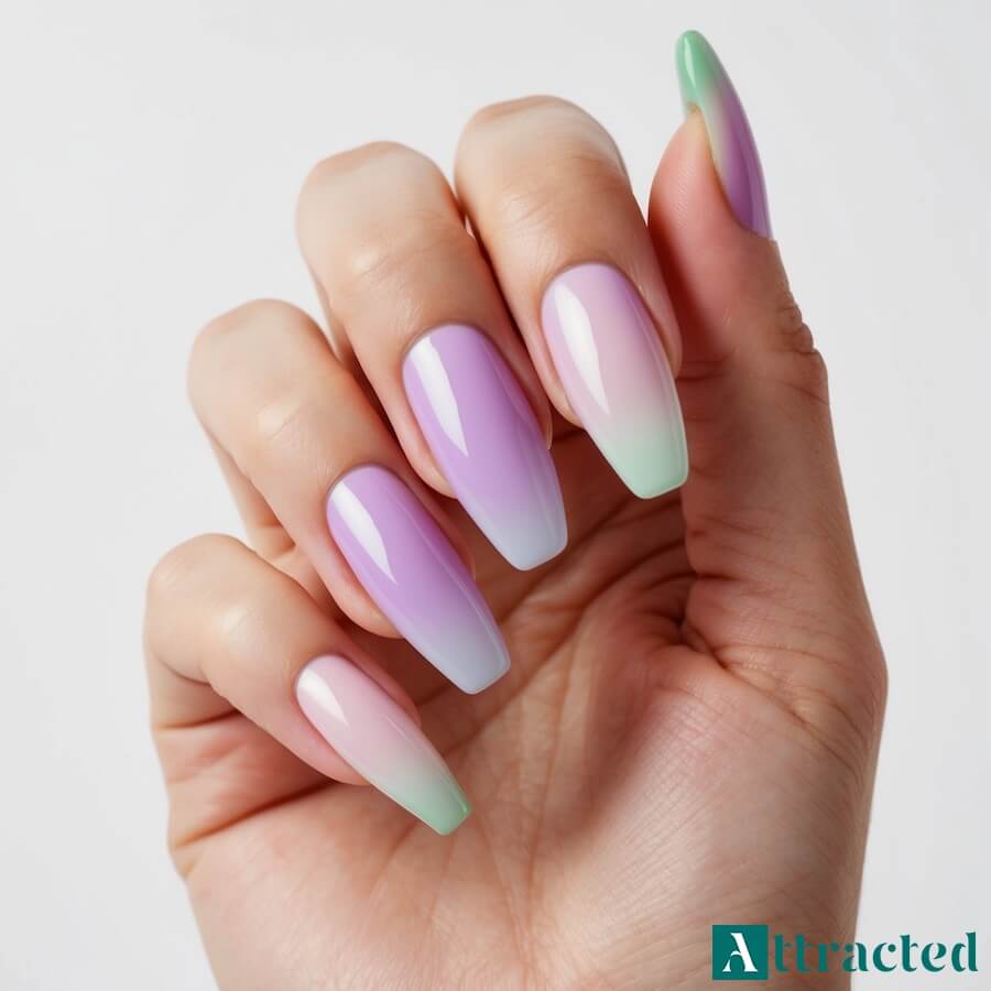Ombre w pastelach z gładkimi przejściami na paznokciach fioletowe i zielone