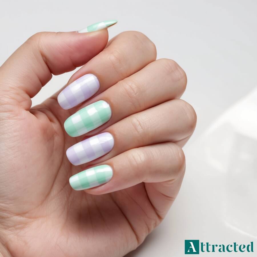 Pastelowa kratka gingham i szachownica paznokcie