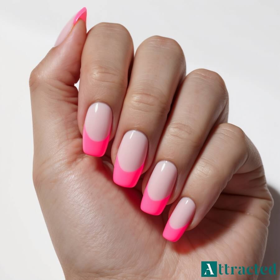 Piękny french z neonowymi, różowymi końcówkami