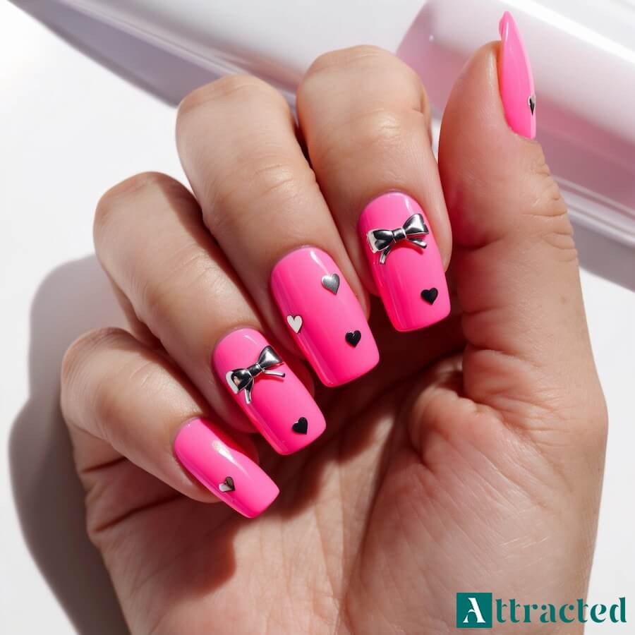Barbiecore w neonowym różu z kokardkami i serduszkami