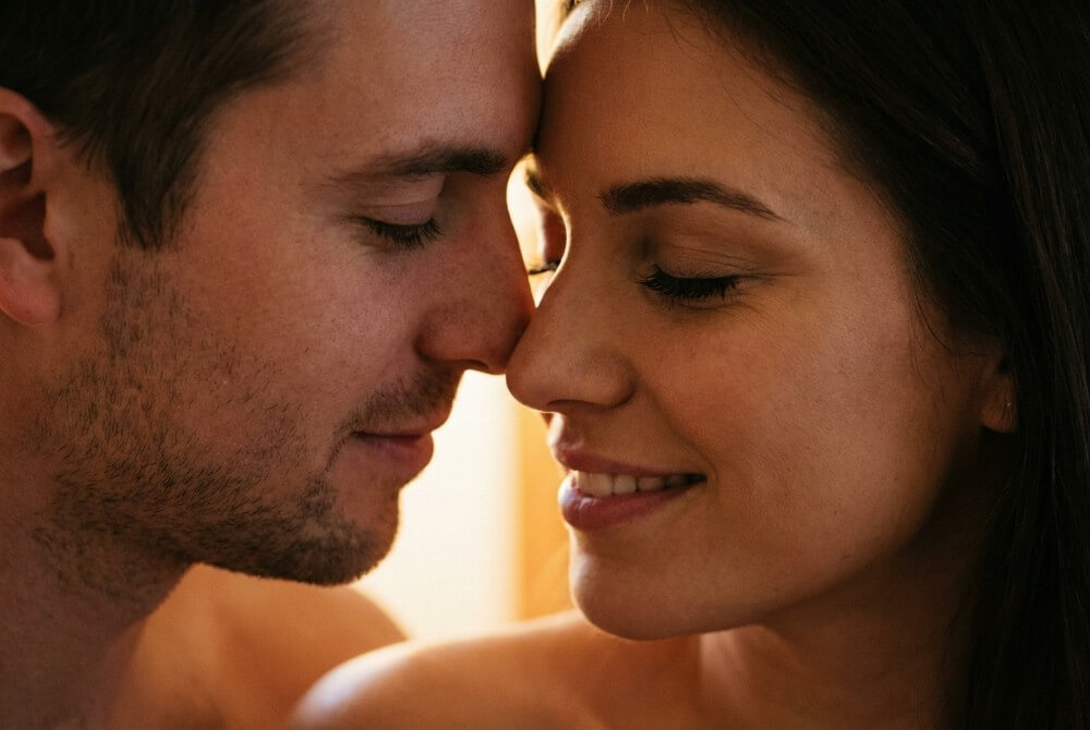 Mężczyzna muskający nos i policzek kobiety, ciepłe filmowe światło, figlarny nastrój