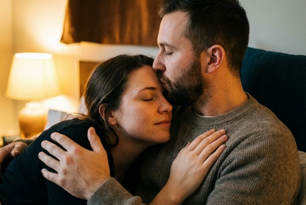 Mężczyzna całuje kobietę w czoło w spokojnym uścisku, ciepłe światło, intymny kadr