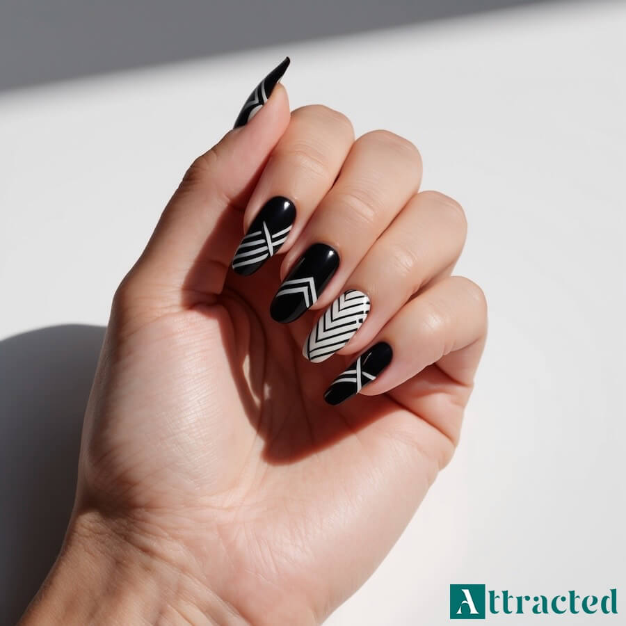 Czarne paznokcie z białym wzorem geometrycznym