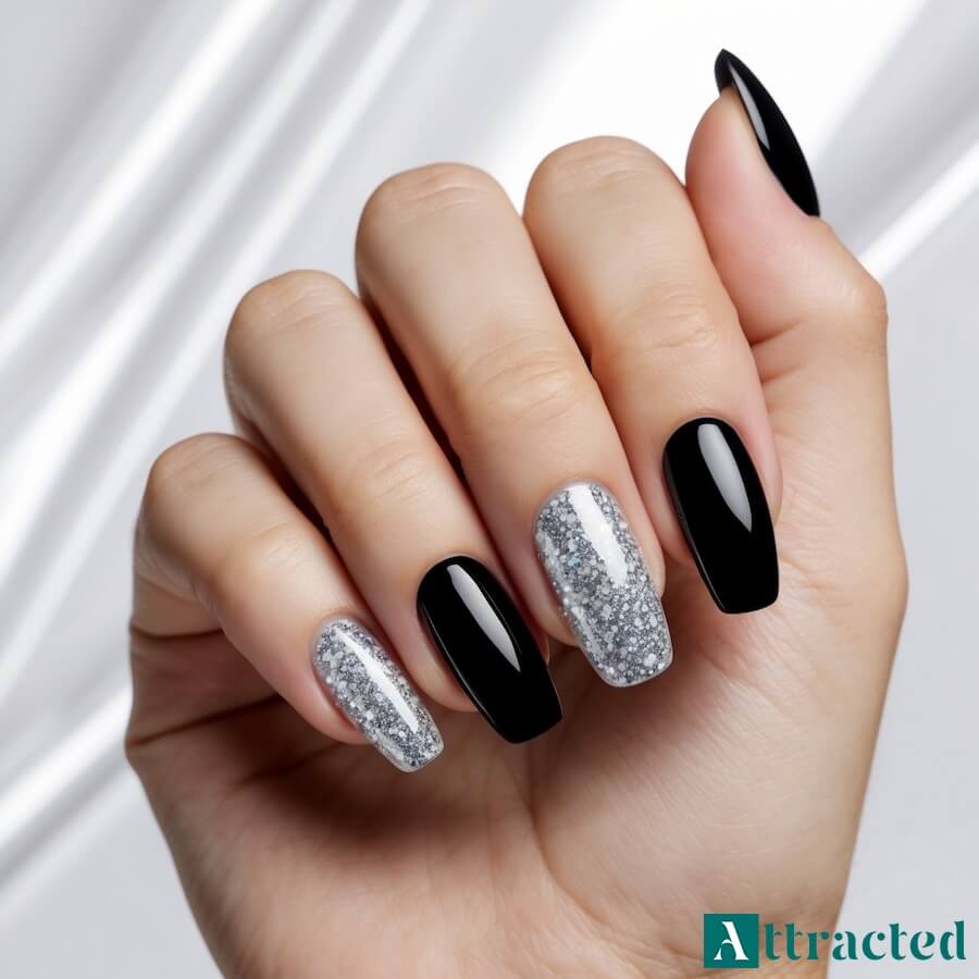 Czarne paznokcie z srebrnym brokatem