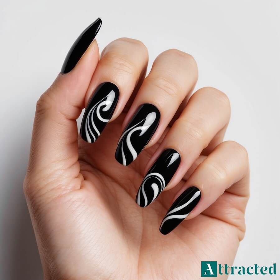 Paznokcie czarne z białym wzorem swirl