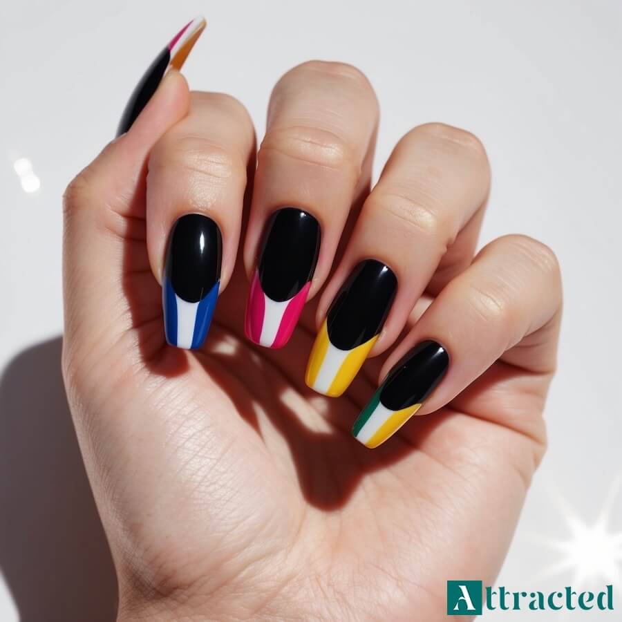 Czarne paznokcie z kolorowymi końcówkami