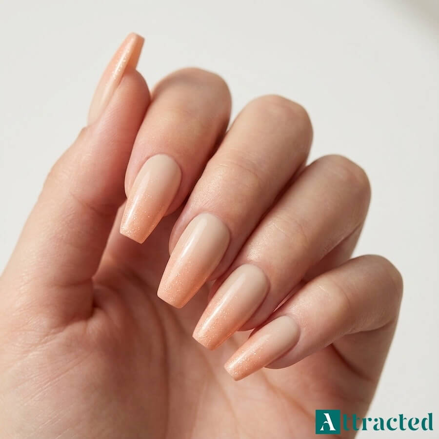 Zbliżenie jednej dłoni z paznokciami w kształcie coffin w ciepłym baby boomer z delikatnym połyskiem na końcówkach, na jasnym neutralnym tle