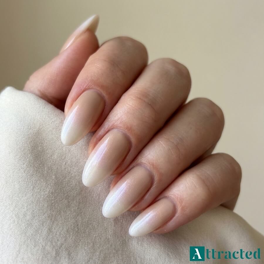 Zbliżenie jednej dłoni z migdałkowymi paznokciami baby boomer z beżu w biel i delikatnym opalizującym pyłkiem, na jasnym neutralnym tle