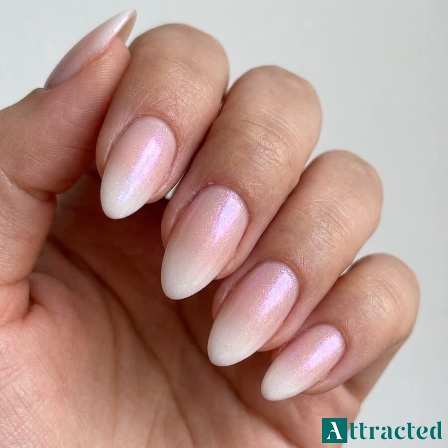 Zbliżenie jednej dłoni z kwadratowymi paznokciami baby boomer z efektem glazed donut, na jasnym neutralnym tle