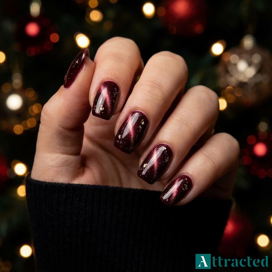 Bordowe cat eye z delikatnymi złotymi drobinkami tworzącymi efekt biżuterii