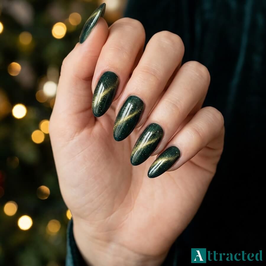 Butelkowa zieleń cat eye ze złotymi drobinkami tworzącymi świetlistą smugę na środku płytki