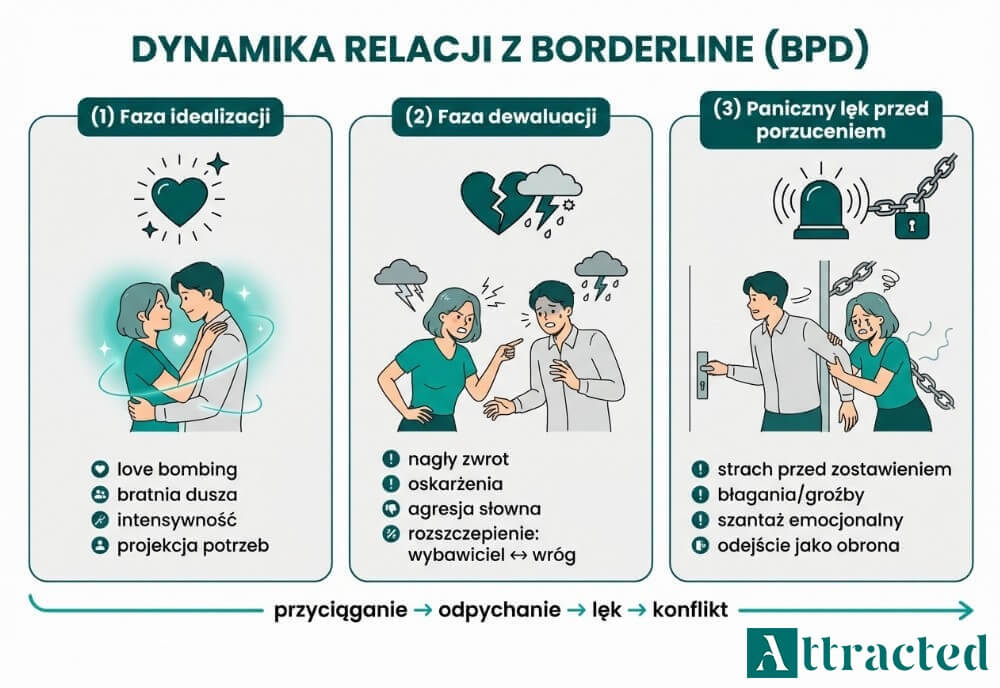 Pozioma grafika z trzema sekcjami opisującymi dynamikę relacji z osobą z BPD: fazę idealizacji, fazę dewaluacji oraz paniczny lęk przed porzuceniem, z osią pokazującą cykl przyciągania i odpychania