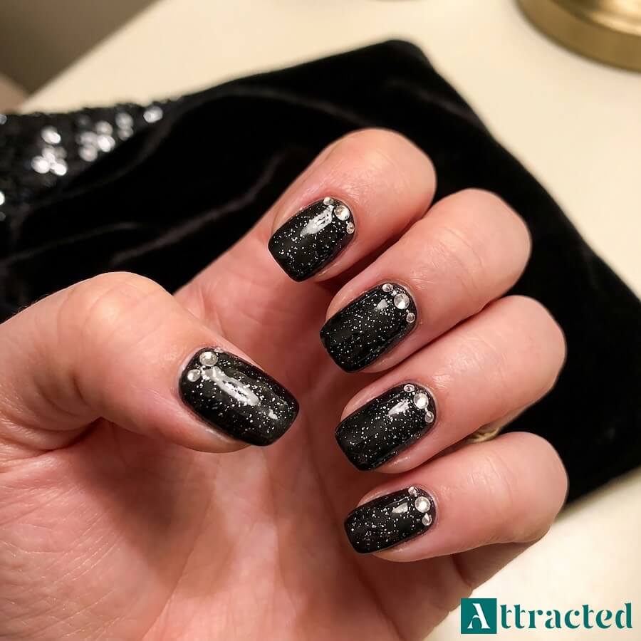 Czarne tło rozświetlone srebrnym pyłem i kilkoma cyrkoniami przy nasadzie, dające efekt biżuterii