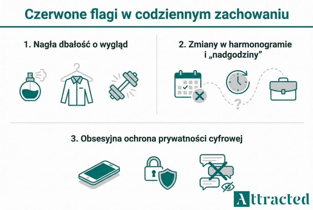 Infografika z tytułem „Czerwone flagi w codziennym zachowaniu” oraz trzema sekcjami: 1. Nagła dbałość o wygląd, 2. Zmiany w harmonogramie i „nadgodziny”, 3. Obsesyjna ochrona prywatności cyfrowej, zilustrowanymi prostymi ikonami