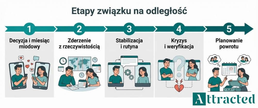 Infografika przedstawiająca 5 etapów związku na odległość: decyzja i miesiąc miodowy, adaptacja, stabilizacja i rutyna, kryzys i weryfikacja oraz planowanie powrotu, z ikonami i kluczowymi punktami
