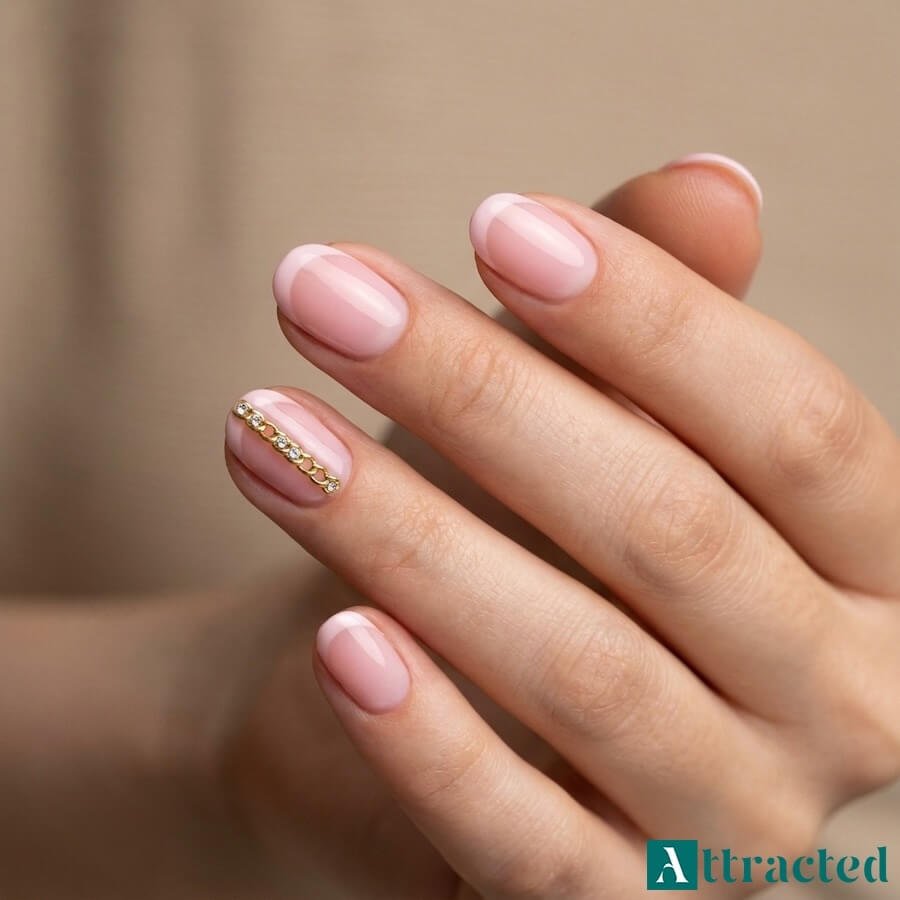 Zbliżenie jednej dłoni z krótkimi owalnymi paznokciami french z trójwymiarowym łańcuszkiem i cyrkoniami na końcówce, na tle jasnego, neutralnego studia