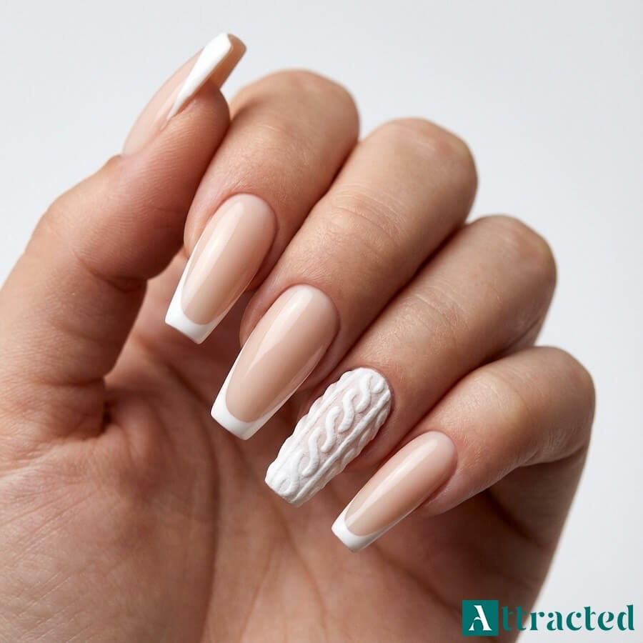 Zbliżenie jednej dłoni z paznokciami w kształcie coffin, french z trójwymiarowym wzorem sweterkowym na końcówkach, na tle jasnego, neutralnego studia