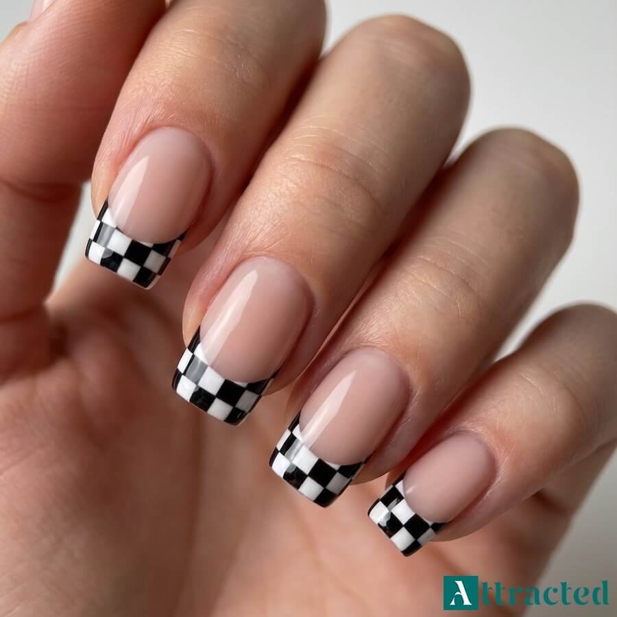 Zbliżenie jednej dłoni z kwadratowymi paznokciami nude i końcówkami french w szachownicę, na jasnym neutralnym tle