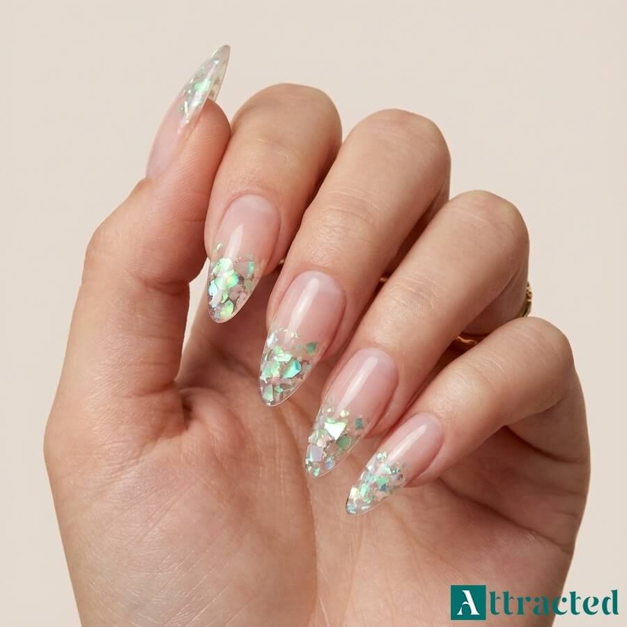 Zbliżenie jednej dłoni z migdałkowymi paznokciami konstrukcyjnymi z przeźroczystą końcówką i zatopionymi, opalizującymi kawałkami muszli, na tle jasnego studia