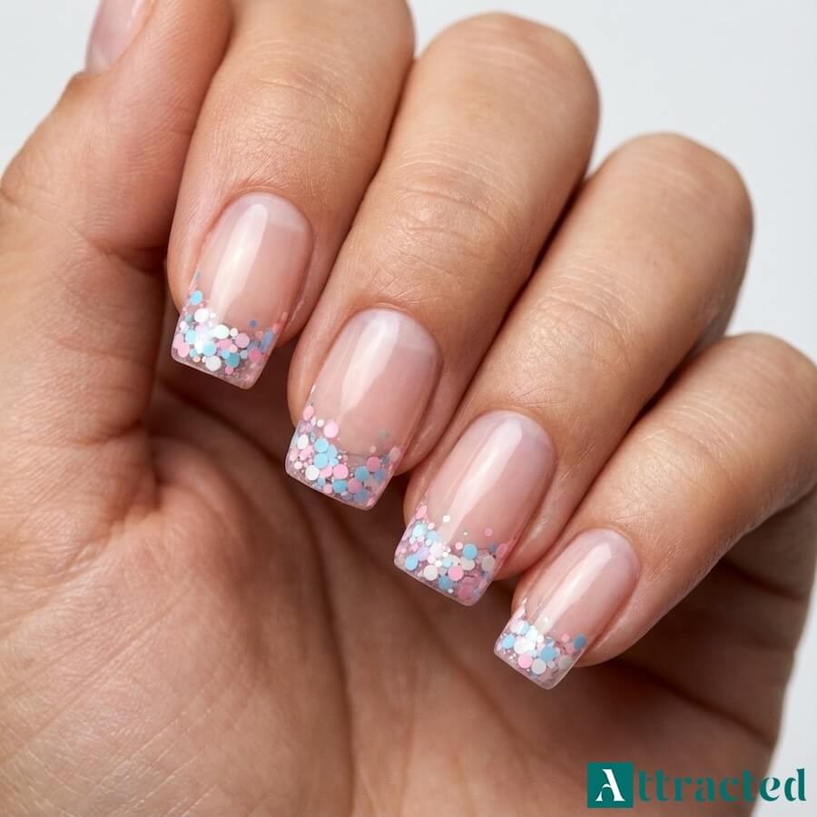 Zbliżenie jednej dłoni z kwadratowymi paznokciami konstrukcyjnymi z przeźroczystą końcówką i pastelowym konfetti brokatowym, na tle jasnego studia