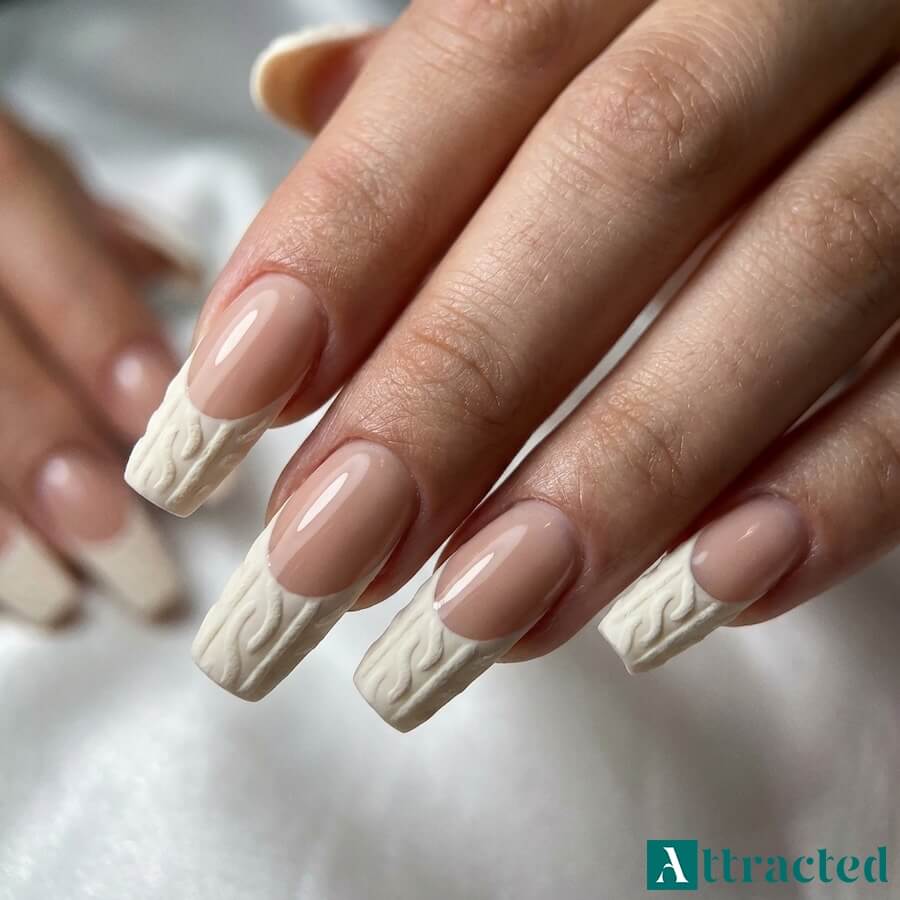 French sweterkowy, w którym końcówki zdobi wypukły wzór przypominający dzianinę