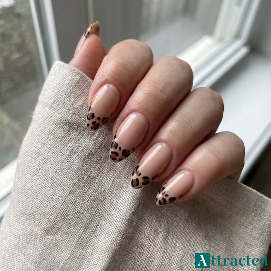 Zbliżenie jednej dłoni z migdałkowymi paznokciami nude i końcówkami french w panterkę, na jasnym neutralnym tle