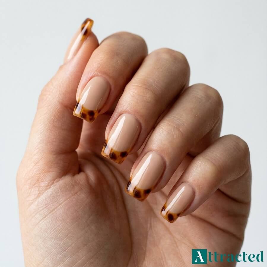 Zbliżenie jednej dłoni z kwadratowymi paznokciami nude i końcówkami french we wzór skorupy żółwia, na jasnym neutralnym tle