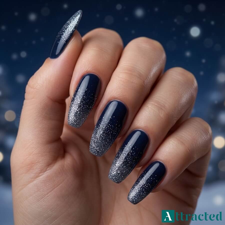 Granatowe paznokcie z drobnym srebrnym brokatem ułożonym w ombre od końcówek ku środkowi