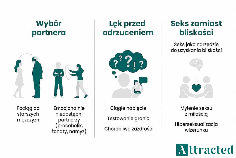 Infografika prezentująca objawy daddy issues w związku