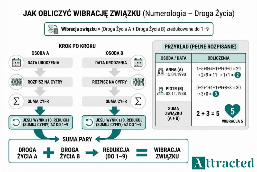 Infografika pokazująca, jak policzyć Drogę Życia dwóch osób, dodać wyniki i zredukować sumę do wibracji związku, z pełnym przykładem