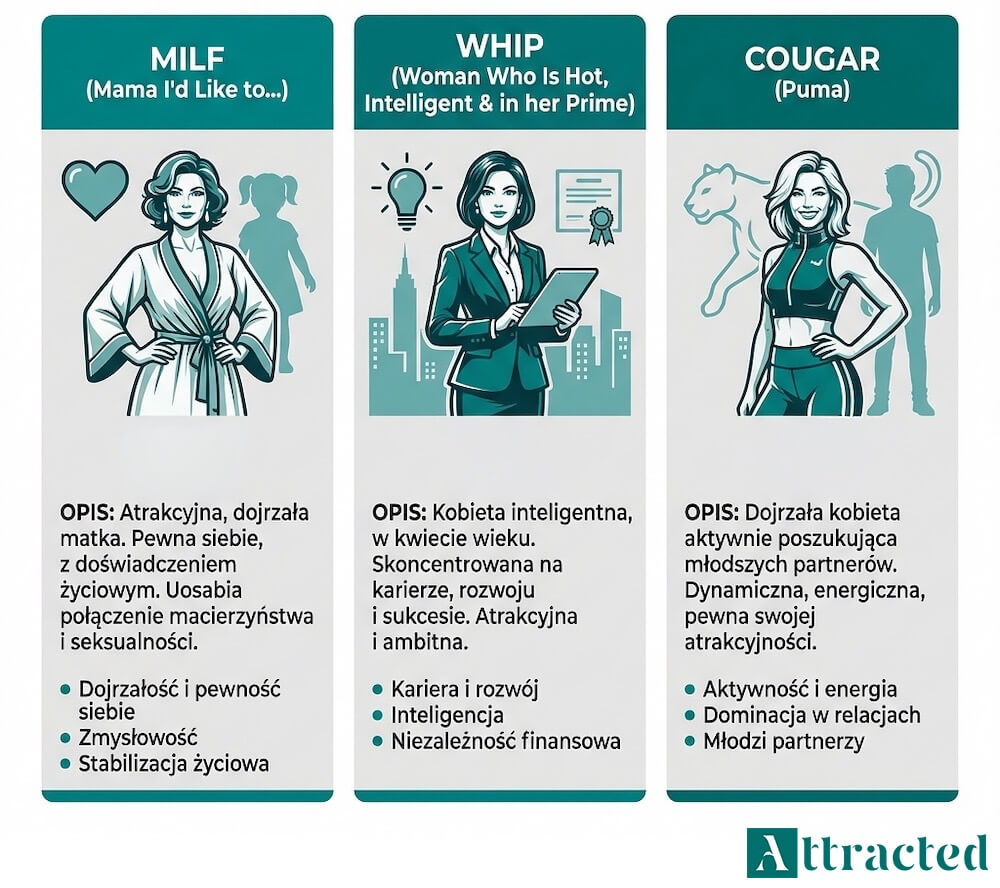 Infografika prezentująca różnice między MILF, WHIP i COUGAR - rodzaje kobiety