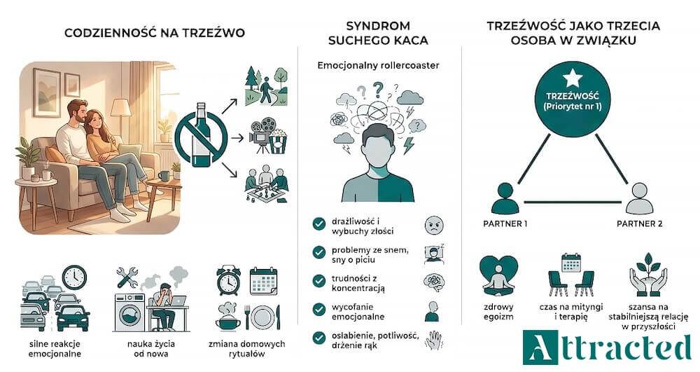 Infografika prezentująca codzienność w związku z niepijącym alkoholikiem