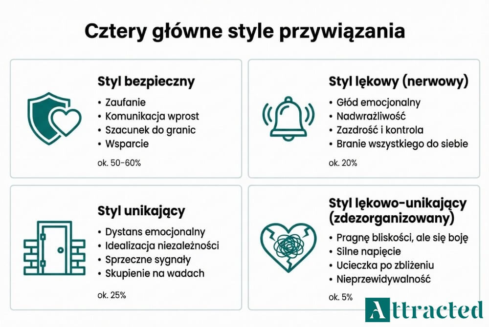 Infografika przedstawiająca cztery style przywiązania: bezpieczny, lękowy, unikający i lękowo-unikający, wraz z kluczowymi cechami i szacunkowym udziałem w populacji