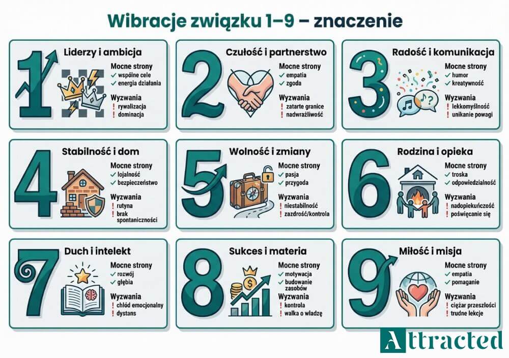 Infografika z dziewięcioma kafelkami przedstawiającymi wibracje związku 1–9, z krótkimi mocnymi stronami, wyzwaniami i ikonami ilustrującymi charakter każdej wibracji