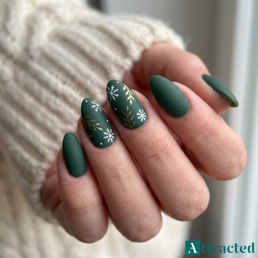 Matowa zieleń z białymi śnieżynkami i cienkimi złotymi gałązkami, pasująca do kremowego swetra