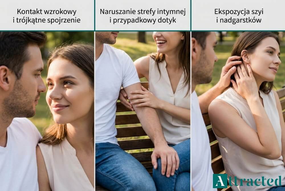 Realistyczna infografika w trzech panelach pokazująca trójkątne spojrzenie (oczy–usta), stopniowe skracanie dystansu z „przypadkowym” dotykiem oraz odsłanianie szyi i nadgarstków jako sygnały gotowości do pocałunku