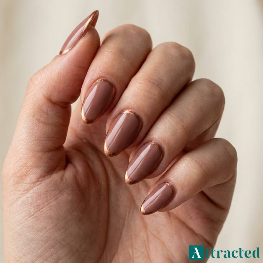 Zbliżenie jednej dłoni z migdałkowymi paznokciami w ciepłym nude i cienką miedzianą linią reverse french, na jasnym neutralnym tle