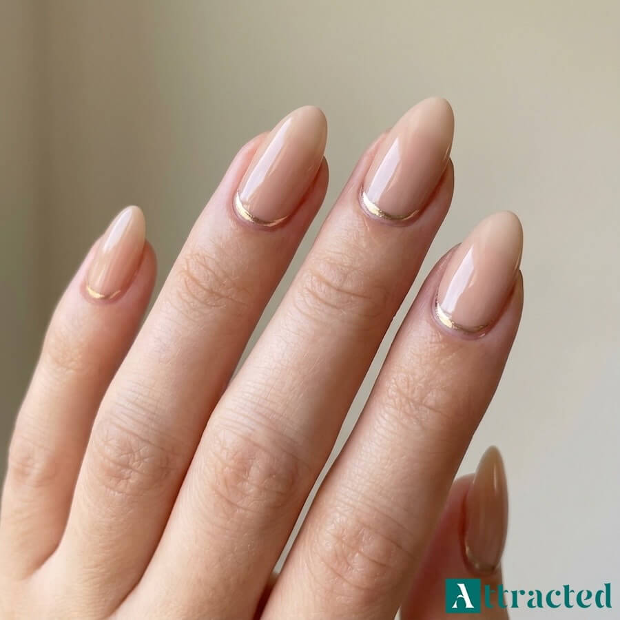 Zbliżenie jednej dłoni z migdałkowymi paznokciami nude i cienką złotą linią reverse french przy skórkach, na jasnym neutralnym tle