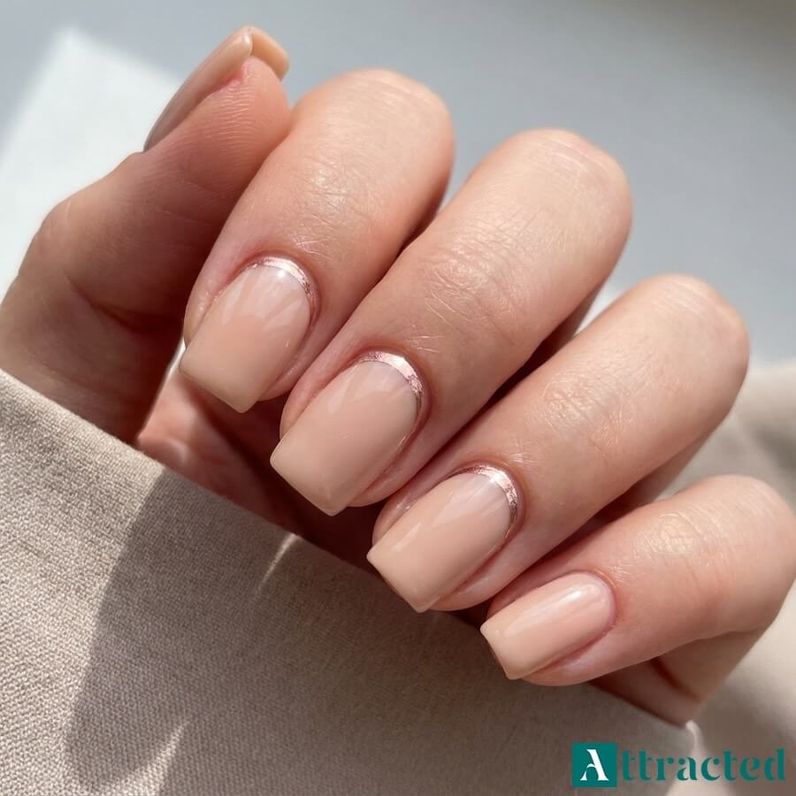 Zbliżenie jednej dłoni z kwadratowymi paznokciami nude i linią reverse french w odcieniu różowego złota na dwóch paznokciach, na jasnym neutralnym tle