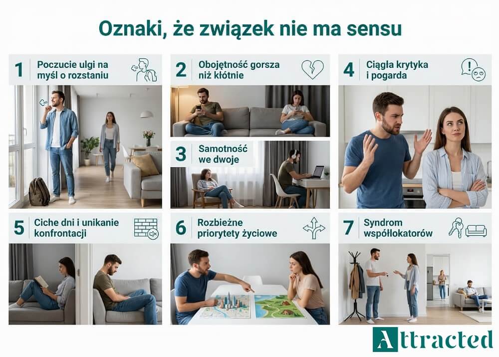Infografika w kilku sekcjach przedstawiająca oznaki, że związek nie ma sensu: poczucie ulgi na myśl o rozstaniu, obojętność, samotność we dwoje, krytyka i pogarda, ciche dni, rozbieżne priorytety życiowe oraz syndrom współlokatorów
